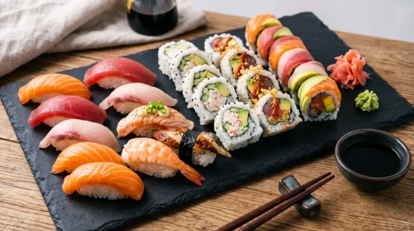Sushiassortiment met sojasaus bij China City Dordrecht / Sushi assortment with soy sauce at China City Dordrecht
